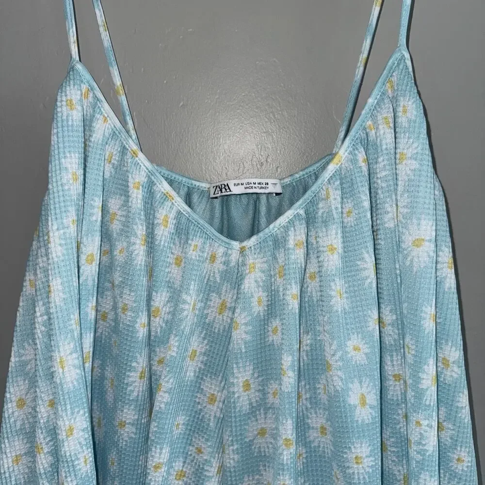 Zara Spaghetti Strap Mini Dress Daisy Floral Print Babydoll Bohemian Flowy S M - Picture 4 of 6
